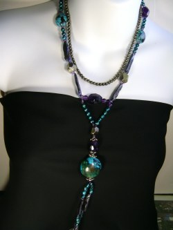 Handmade Amethyst Turquoise Pearls Pyrite Necklace 